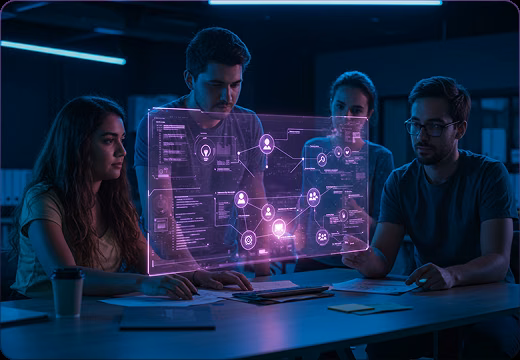 Engineering team reviewing an AI-assisted delivery plan together on an interactive display