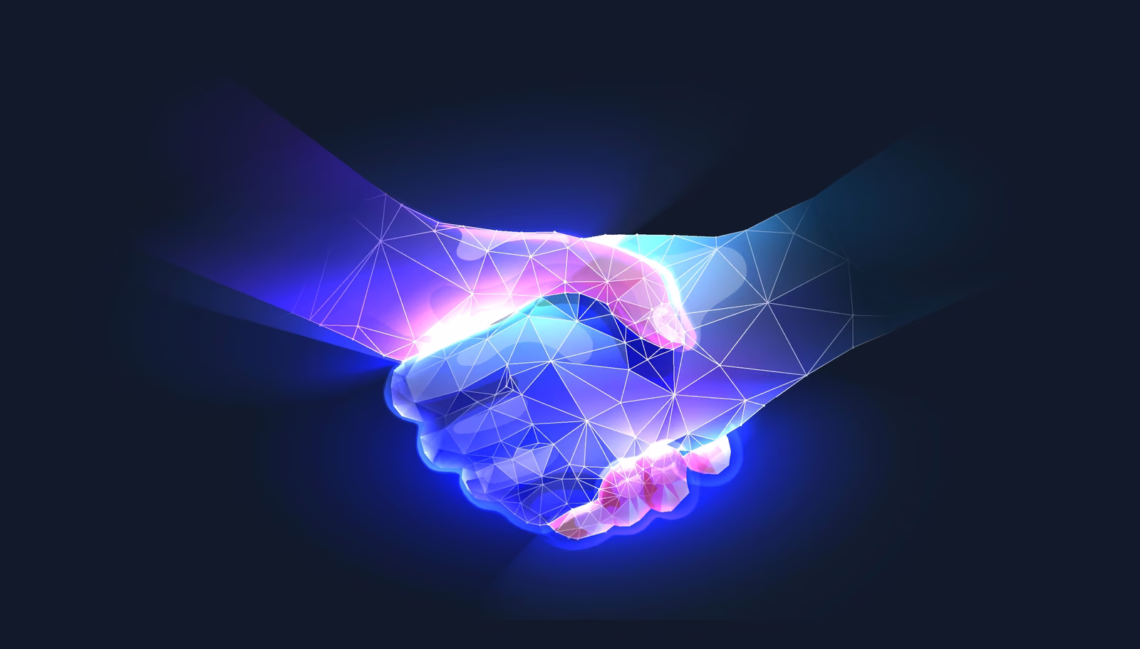 Human and digital hands meeting in a glowing handshake, representing enterprise AI partnerships